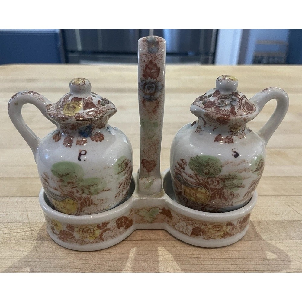 Vintage Nasco Mountain Wood-land Transferware Salt Pepper Shakers REPAIR Look